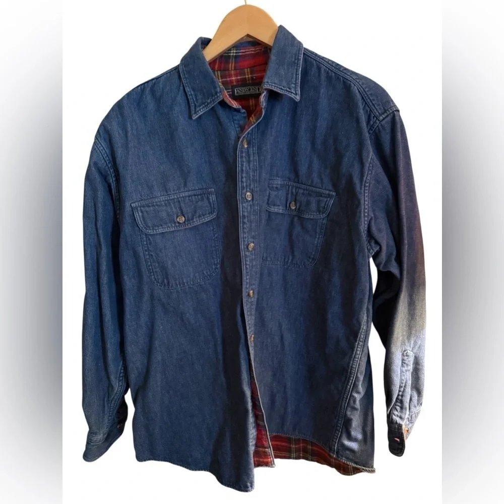 Lands’ End Flannel Lined Denim Shirt Men’s Size L (16–16½) Vintage Workwear